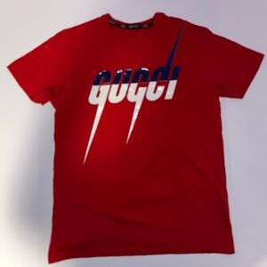 Gucci Red Tee with Blue and White Logo